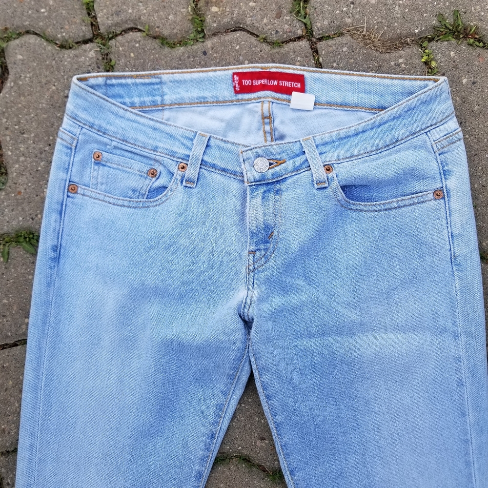 Y2K Levi Too Superlow Stretch bell bottom flare jeans light blue 9 - Picture 2 of 15